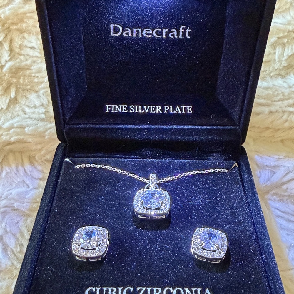 Danecraft Silver-Tone Cubic Zirconia Necklace and Earring Set - White